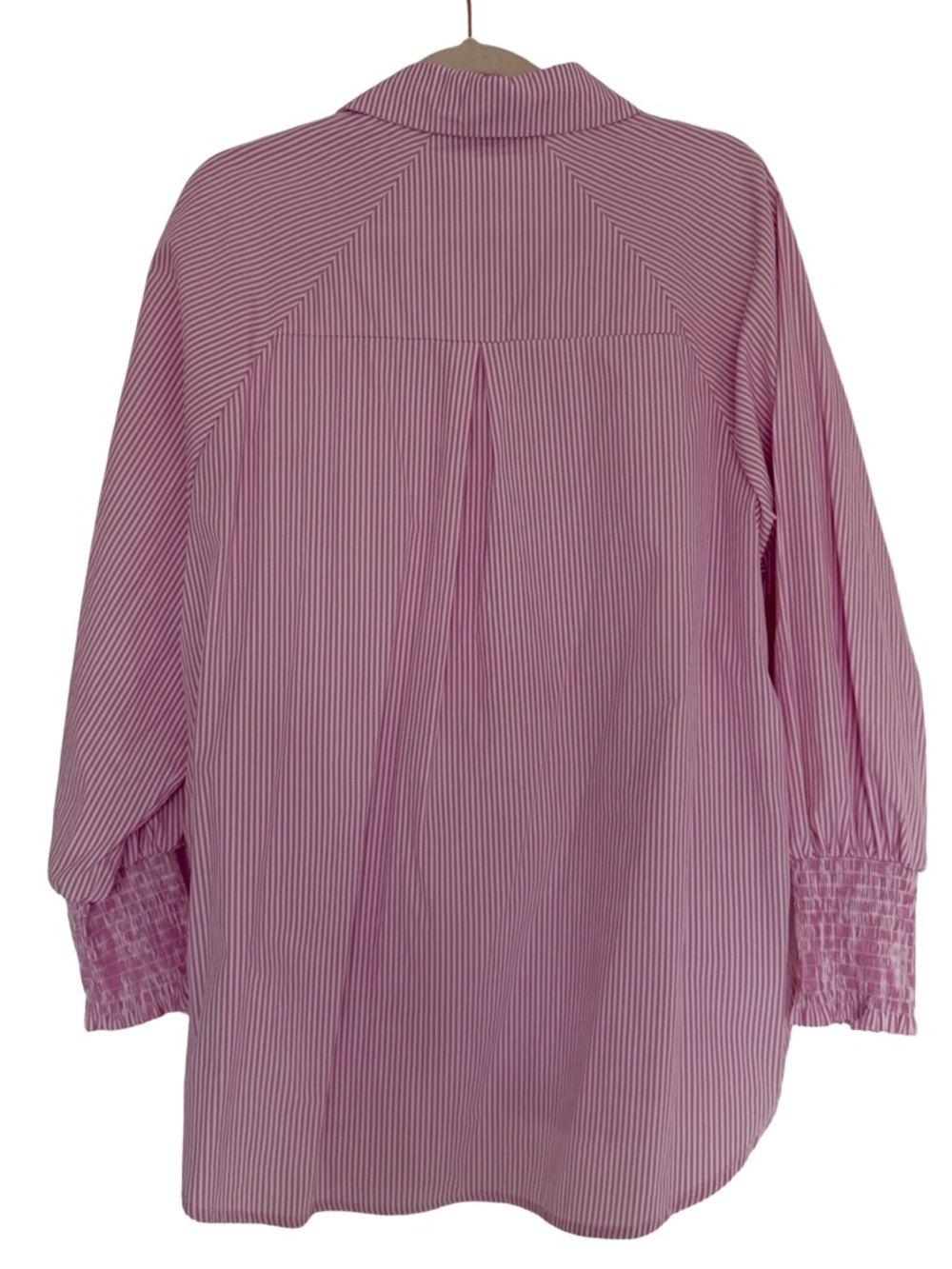 Pink Striped Oversized Button Down Shirt Smocked Cuff L - Picture 6 of 9